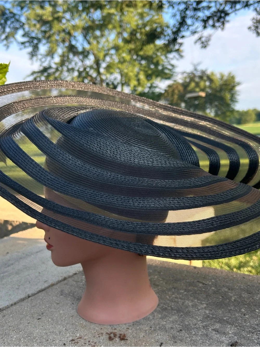 Black Straw‎ Wide Brim Hat Mesh Ruffles gold trim and gold band